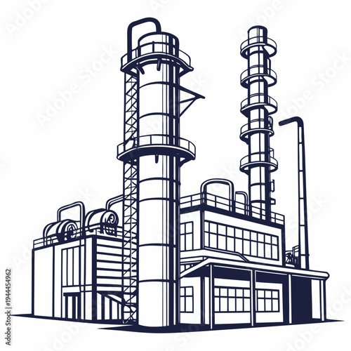 Industrial plant with towers and smokestacks building