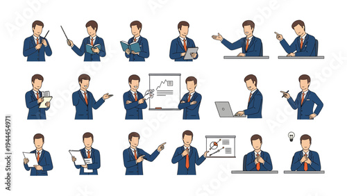 Business Presentation Poses: A professional in various poses, from giving presentation to working with laptop, to present business, perfect for business or educational illustrations.