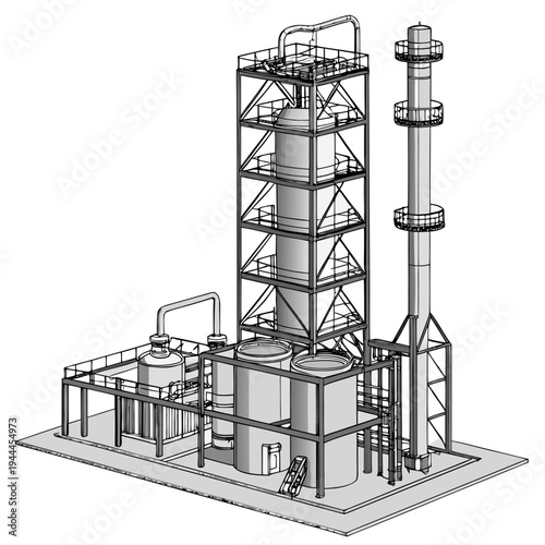 Industrial plant with tower and cylindrical tanks
