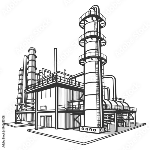 Industrial plant with smokestacks and piping system