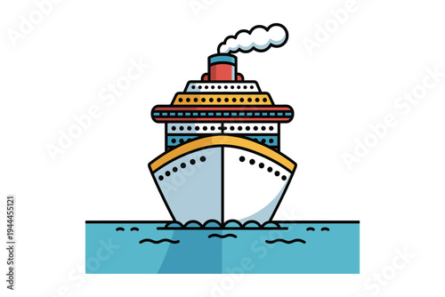 Colorful stylized illustration of a cruise ship with a smokestack sailing on blue waves on transparent background high-quality professional detailed.