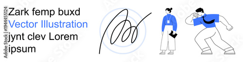 Business communication, professionalism, creativity, teamwork, digital workflows, dynamic design. Stylized signature with two characters in professional attire. Business communication