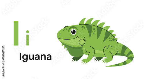 Educational alphabet poster features a green iguana next to the capital and lowercase letter I for early childhood language learning.