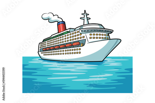 Colorful stylized illustration of a cruise ship with a smokestack sailing on blue waves on transparent background high-quality professional detailed.
