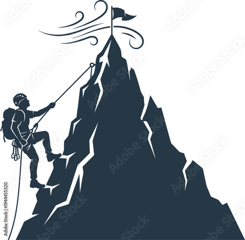 Mountaineer Climbing Mountain Peak Reaching Flag Showing Success Determination Goal Achievement Leadership Adventure Motivation Concept Vector Illustration