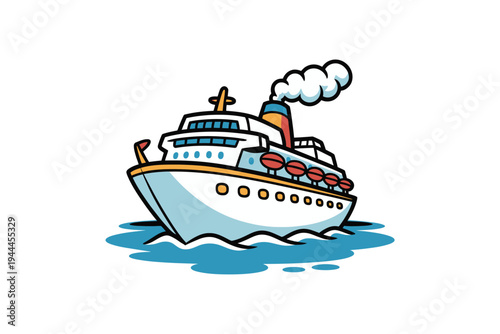 Colorful stylized illustration of a cruise ship with a smokestack sailing on blue waves on transparent background high-quality professional detailed.