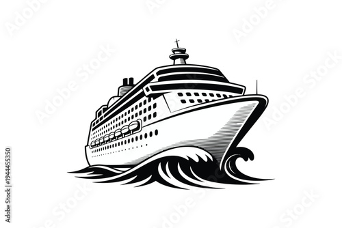 A detailed black and white illustration of a large cruise ship sailing on waves ideal for various design projects on transparent background.