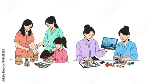 Artistic Family Time: The image illustrates a heart warming tableau of family collaboration. From building intricate structures to interactive digital learning.