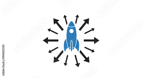Blue Rocket Surrounded by Multiple Arrows.
