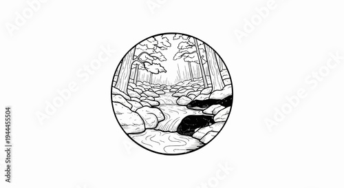 A black and white illustration shows a forest stream flowing over rocks