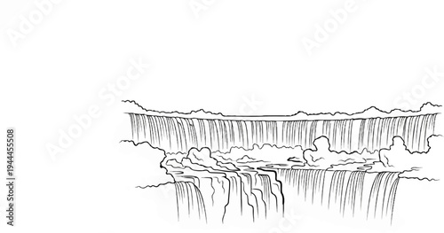 A black and white ink sketch depicts a wide, multi-tiered waterfall cascading down