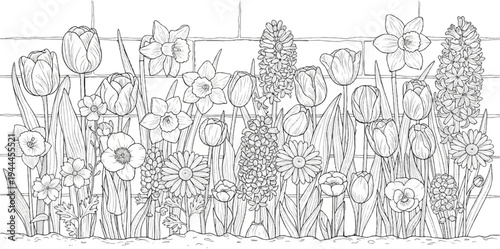 A black and white illustration of various blooming flowers in front of a brick wall