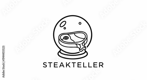 A black and white line drawing depicts a raw steak within a crystal ball on a stand