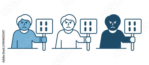 Blue Protest Icon Vector, protester with banner and placard symbol isolated on white background, meeting, speech, petition, and leader illustration for activism, demonstration, and social movement des