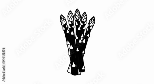 A black and white line drawing of a bunch of asparagus spears