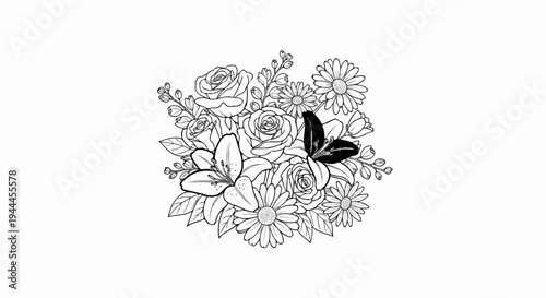A black and white line drawing of a beautiful floral arrangement