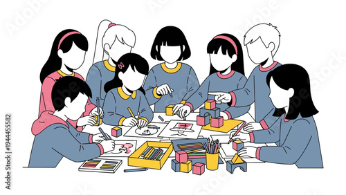 Creative Collective: Illustrative depiction of a group of children engrossed in a drawing activity, each absorbed in their creative expression and fostering a sense of shared artistic exploration.