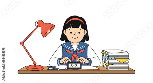 School girl in sailor uniform sits at a wooden desk with a red lamp while solving math problems on a digital calculator.