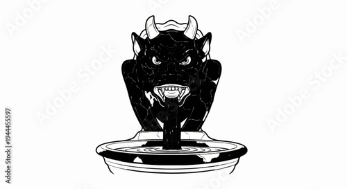 A black and white line drawing of a gargoyle fountain spewing dark liquid