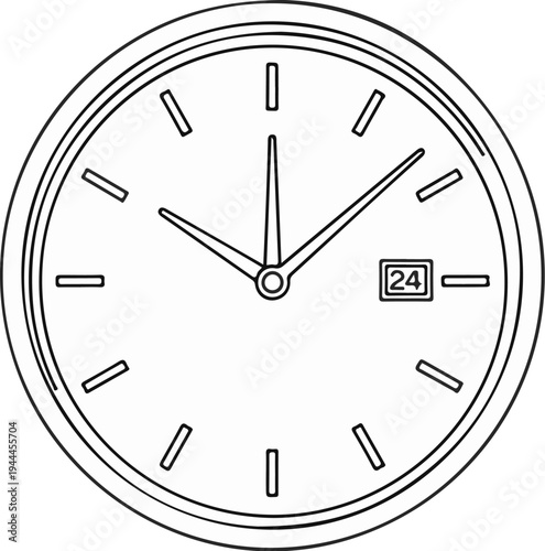 A black and white line drawing of a watch face with date
