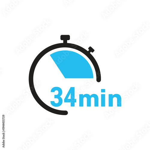 34 minute mark icon of a stopwatch displaying a blue symbolizing a time duration. simple, modern design with bold colors.