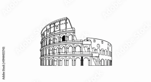A black and white line drawing of the ancient Roman Colosseum