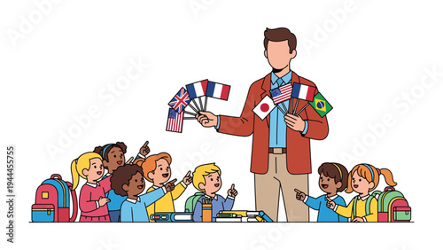 Global Education: A teacher presents various national flags to a diverse group of enthusiastic schoolchildren, fostering a spirit of internationalism and cultural understanding.