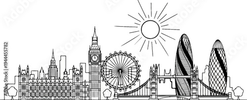 A black and white line drawing of famous city landmarks under a sunny sky