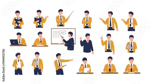 Business Professional Poses: A diverse collection of illustrated poses of a professional, showcasing various gestures and activities suitable for business presentations and interactions. 