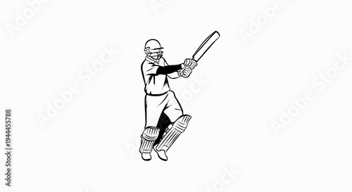 A black and white sketch depicts a cricketer in mid-swing, ready to hit