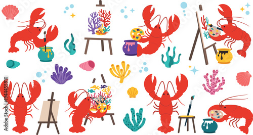 Cute lobster artist cartoon vector set painting coral reef underwater with easel palette brush and sea life elements