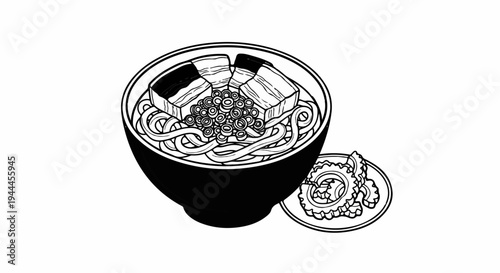 A black bowl overflowing with noodles, meat, and greens, with a side of sliced vegetables