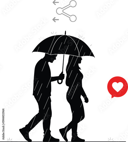 Romantic Couple Walking Under Umbrella In Rain Showing Love Care Relationship And Togetherness Concept Vector Illustration