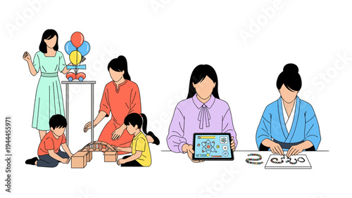 Enriching Moments: A collection of various illustration of people including mother and children, including joyful moment, exploring creativity, education and play. 