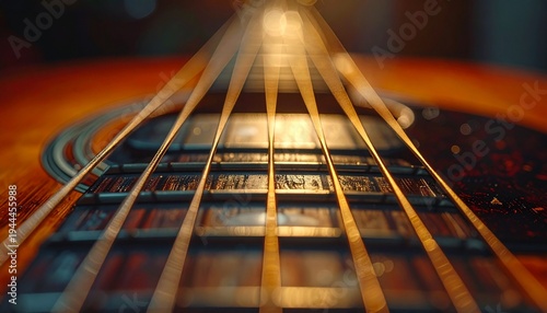 Macro Low Angle View of Vibrating Acoustic Guitar Strings with Warm Golden Lighting on Wooden Fretboard