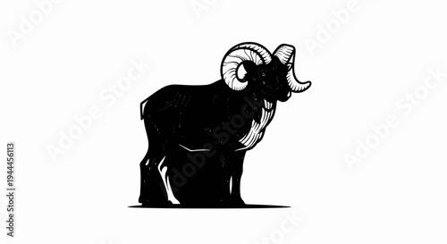 A black ram with large curled horns stands in profile against a white background