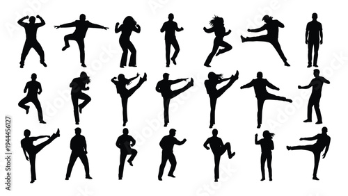 Collection of diverse yoga poses and dance moves in black silhouette on white background for fitness and wellness illustration