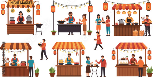 Street Food Night Market Scene Collection with Vendor Stalls, People Eating, Cooking Booths, Lantern Decorations, and Outdoor Festival Illustration Vector Set