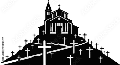 A black silhouette of a building atop a hill with many crosses scattered around