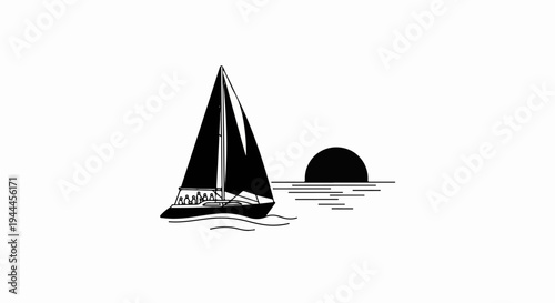 A black sailboat with people aboard sails on the water at sunset