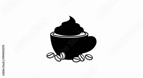 A black silhouette of a cup filled with whipped cream and coffee beans