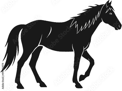 A black silhouette of a horse walking, with a flowing mane and tail