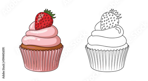 Sweet strawberry cupcake illustration is presented in a full-color version and a black and white outline version for coloring.
