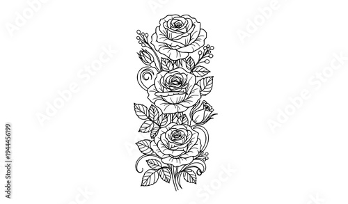 Elegant Rose Bouquet Coloring Page Vector with Decorative Floral Outline Illustration