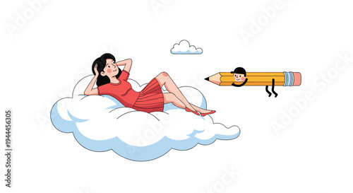 Dreamy illustration depicts a woman relaxing on a fluffy cloud while a giant anthropomorphic pencil character floats nearby.