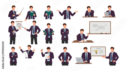 Business Presentation Set: A comprehensive collection of illustrations, capturing a businessperson in various poses and actions, ideal for presentation design. 