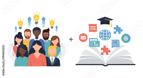 Diverse Team Brainstorming Ideas and Knowledge Acquisition for Innovation and Growth. Education and Collaboration Concept.