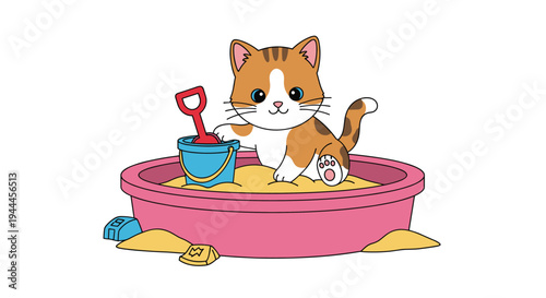 Adorable ginger and white kitten plays in a pink circular sandbox with a blue bucket, red shovel, and yellow sand.