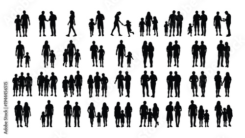 Collection of diverse human silhouettes in various poses and actions