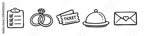 Hand-drawn wedding planning icon set featuring checklist, rings, tickets, food cloche, and love letter. Perfect for event organization, marriage preparation, and romantic date concepts.
